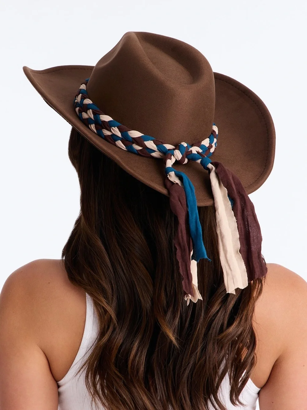 Dark Brown Cowboy Hat with Braided Blue and Cream Band